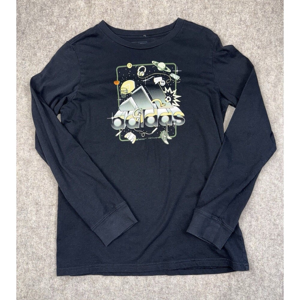 Adidas Boys Size LG 15-16 Long Sleeve T Shirt Black Graphic Space Basketball